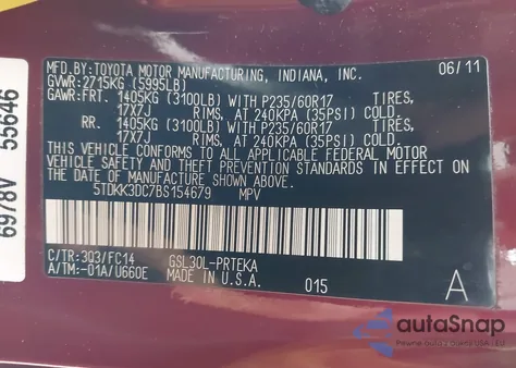 2011 Toyota Sienna Le V6 из США, поврежденный, VIN 5TDKK3DC7BS154679